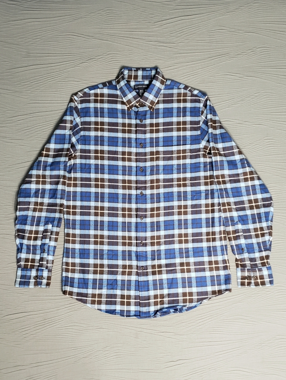 NWOT! LANDS' END Men's Plaid BD LS Soft  Flannel Shirt (15-15.5 M/T) Blue/Brown
